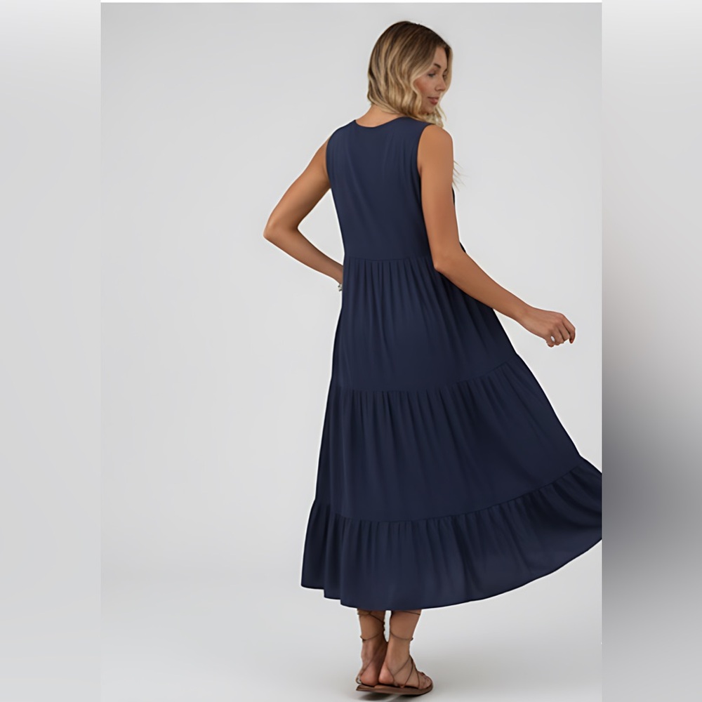 Boho Viscose Button Detail Layered Hem Smock Dress Maxi Blue - Picture 3 of 7